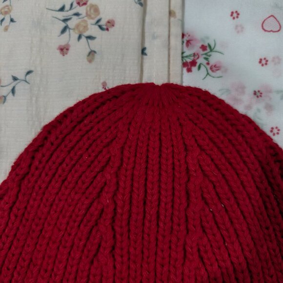 Acne Studios Red Smiley Face Knit Beanie Burgundy Acne Studios Square Smiley Face Knit Hat main image 3